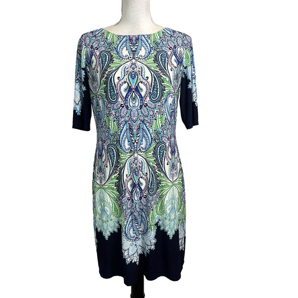 Eliza J Dress size 6 Blue Green White Paisley Straight Stretch Modest Career - Picture 1 of 11